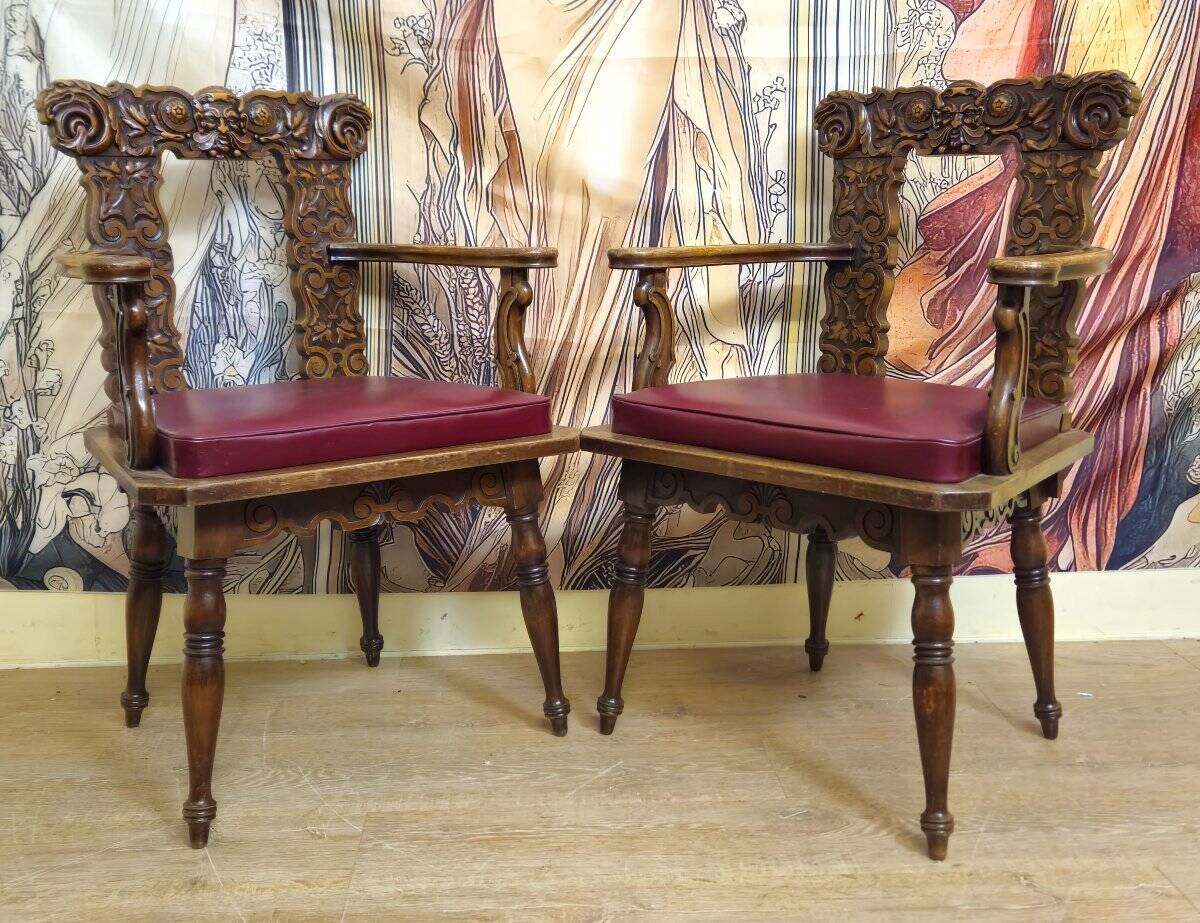 Pair of antique carved armchairs in Renaissance / Louis XIII / 19th century style.