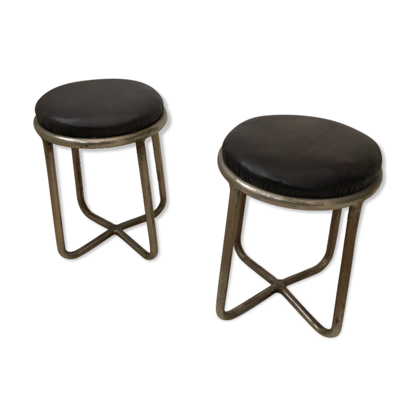 Pair of metal and leather stools