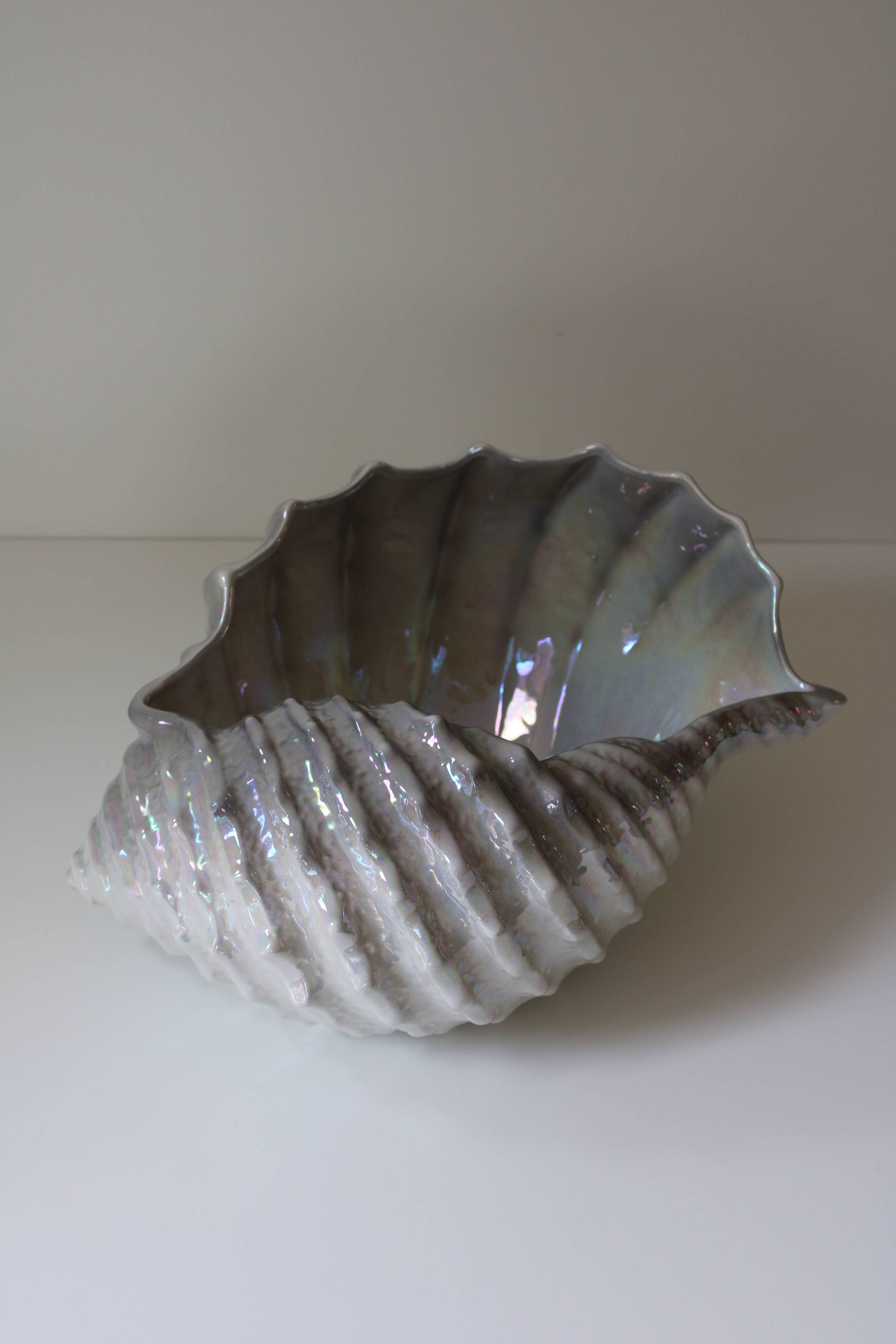 Large iridescent barbotine shell bowl, Italy vintage