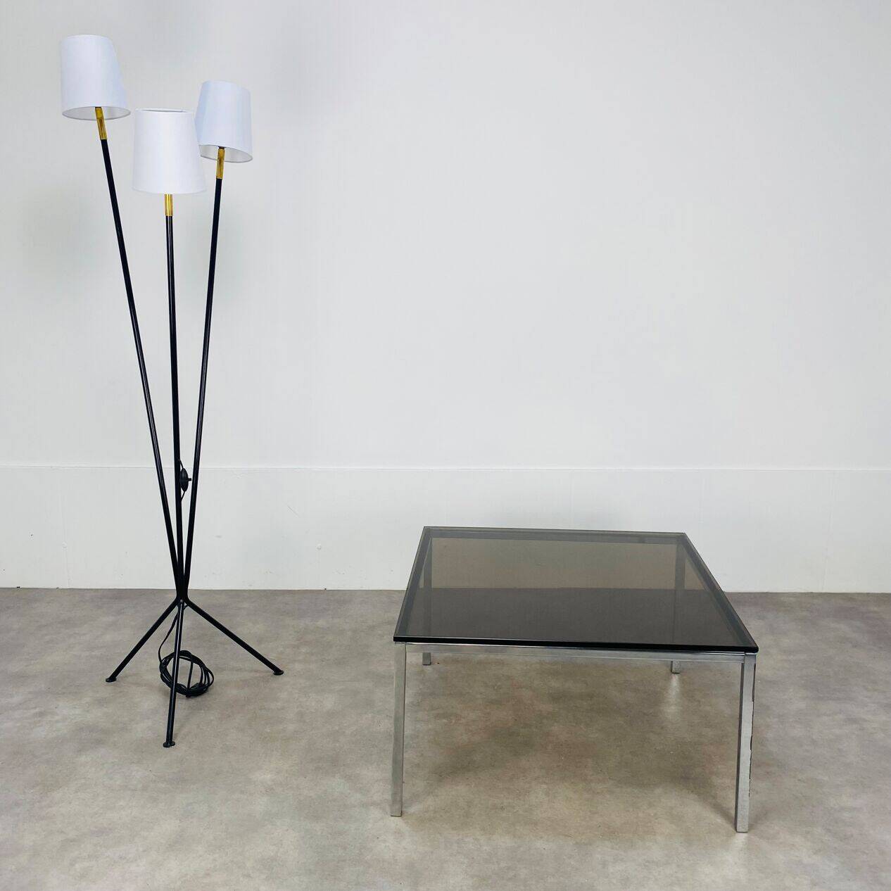 Square coffee table in chrome and smoked glass from the 1970s.