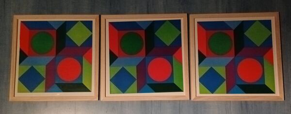 Triptyque Vintage Art Optique - Victor Vasarely - 3 Cadres 30x30cm