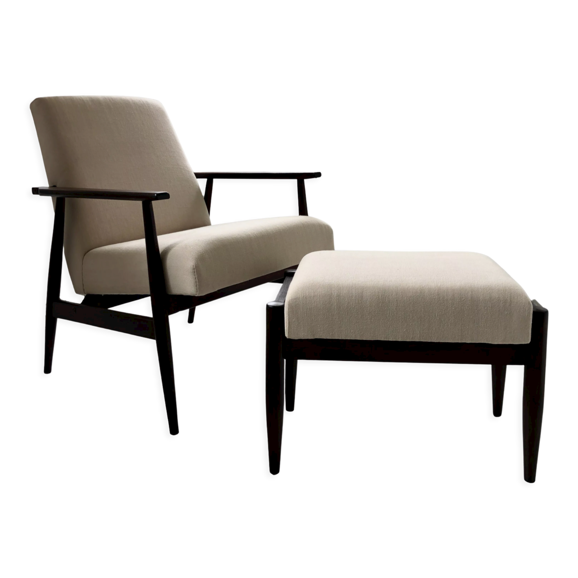 Mid-century beige linen armchair with a stool by Henryk lis, 1960s, set of 2