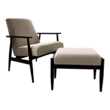 Mid-century beige linen armchair with a stool by Henryk lis, 1960s, set of 2