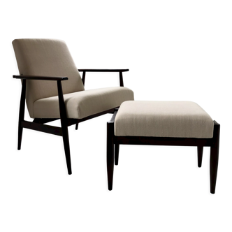 Fauteuil en lin beige du milieu du siècle avec tabouret par Henryk Lis, années 1960