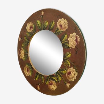 Vintage hand painted wooden round wall mirror