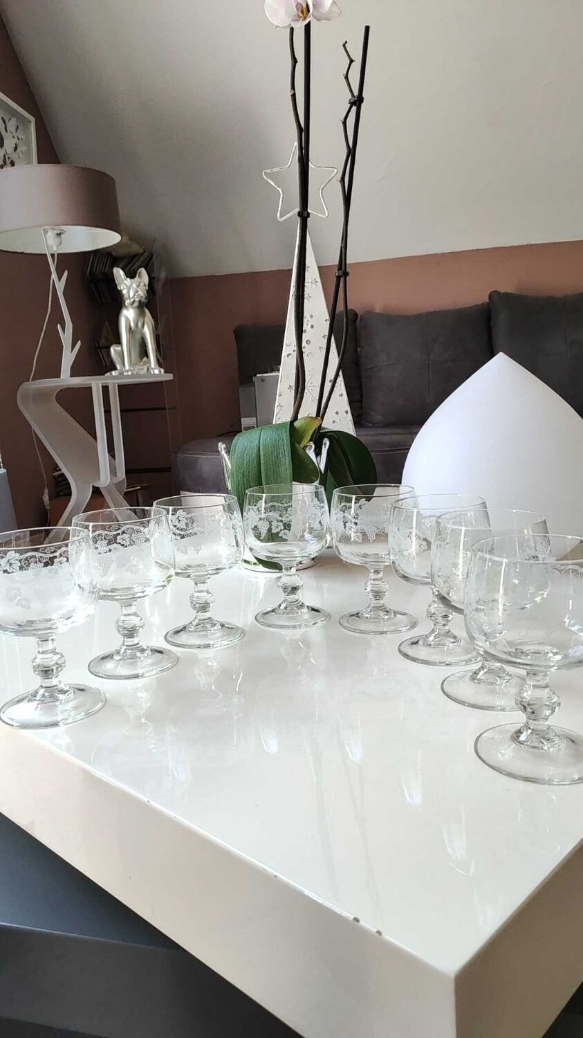 Lot 8 stemmed glasses, vine shoots patterns / Bunches of grapes in frosted glass. Vintage