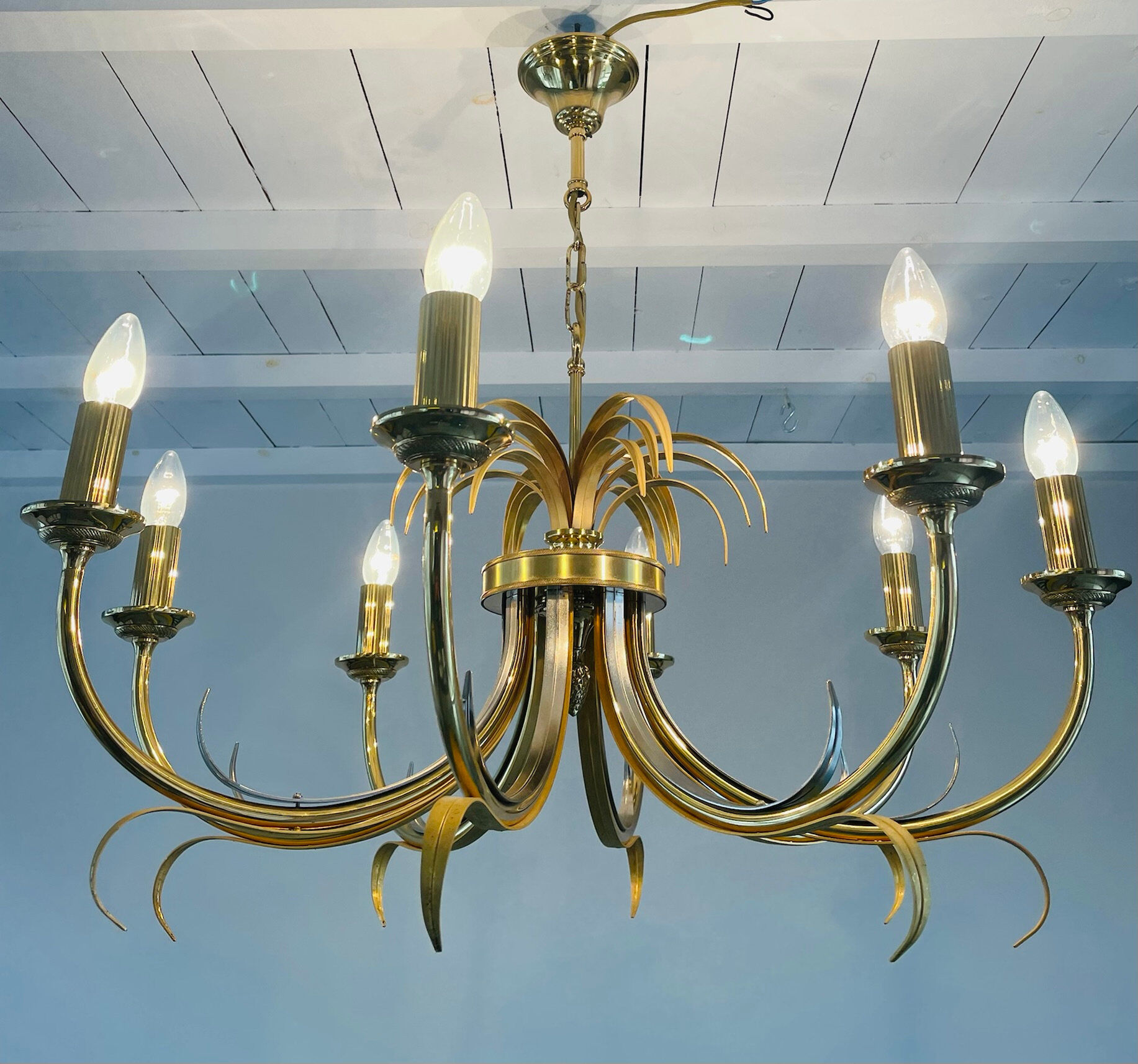 Brass and chrome pineapple chandelier, 1970s