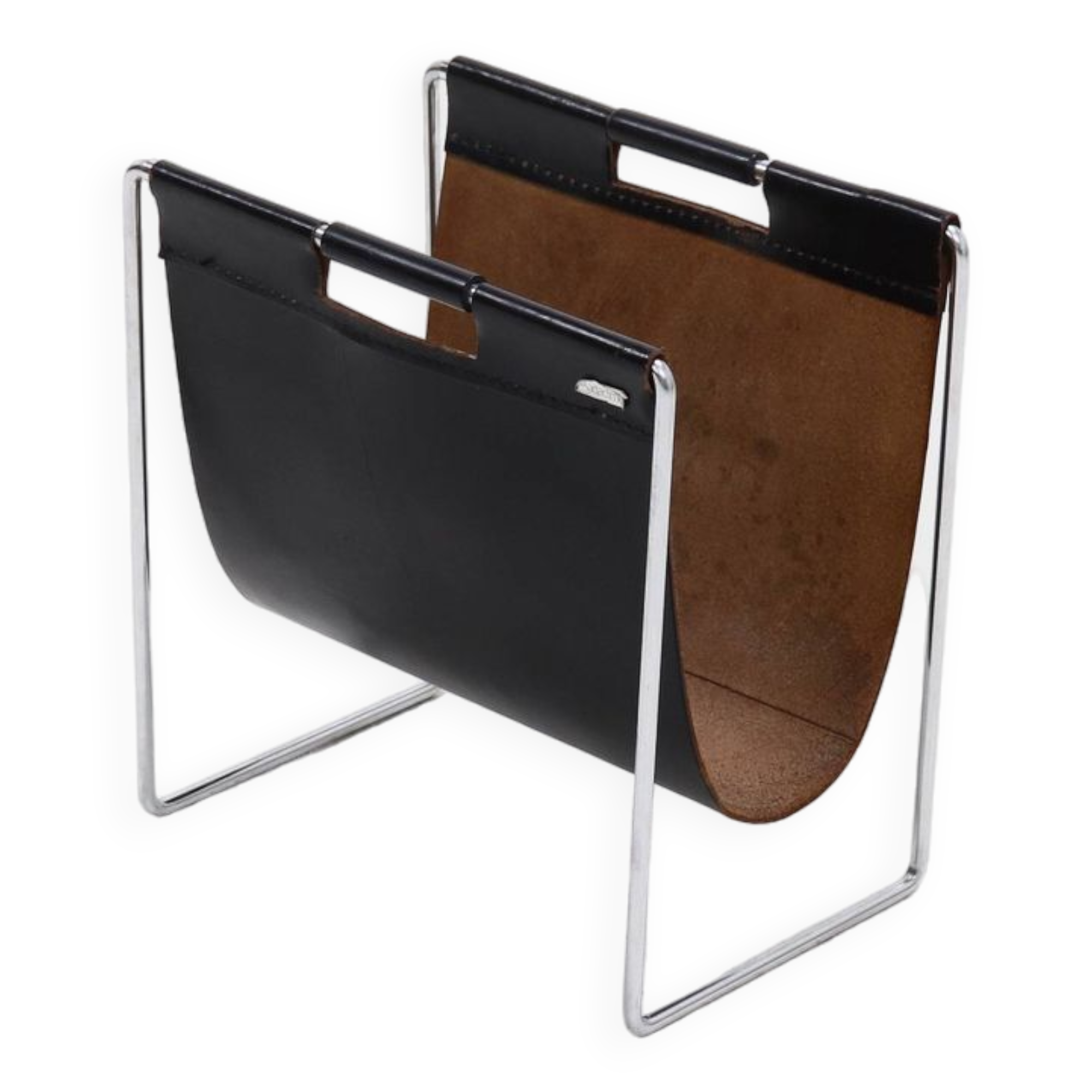 Vintage Brabantia Black Leather & Chrome Magazine Rack 1970s