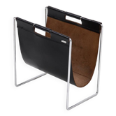 Vintage Brabantia Black Leather & Chrome Magazine Rack 1970s