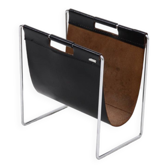 Vintage Brabantia Black Leather & Chrome Magazine Rack 1970s