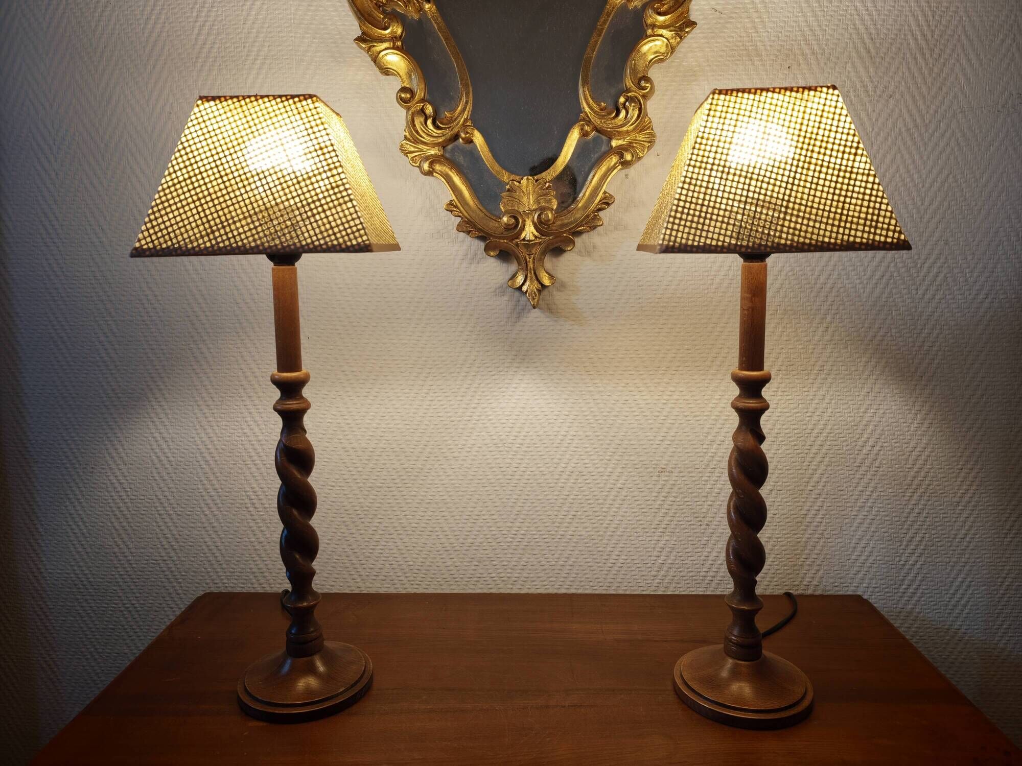 Pair of tall turned wooden lamps