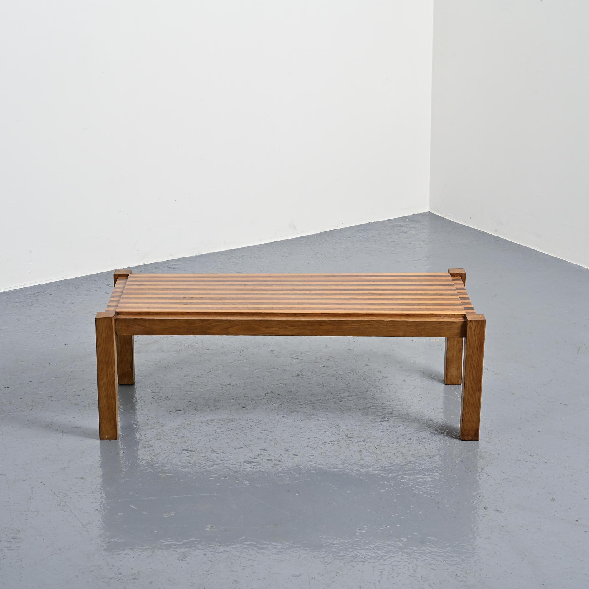 Two-tone wooden graphic coffee table, circa 1960.