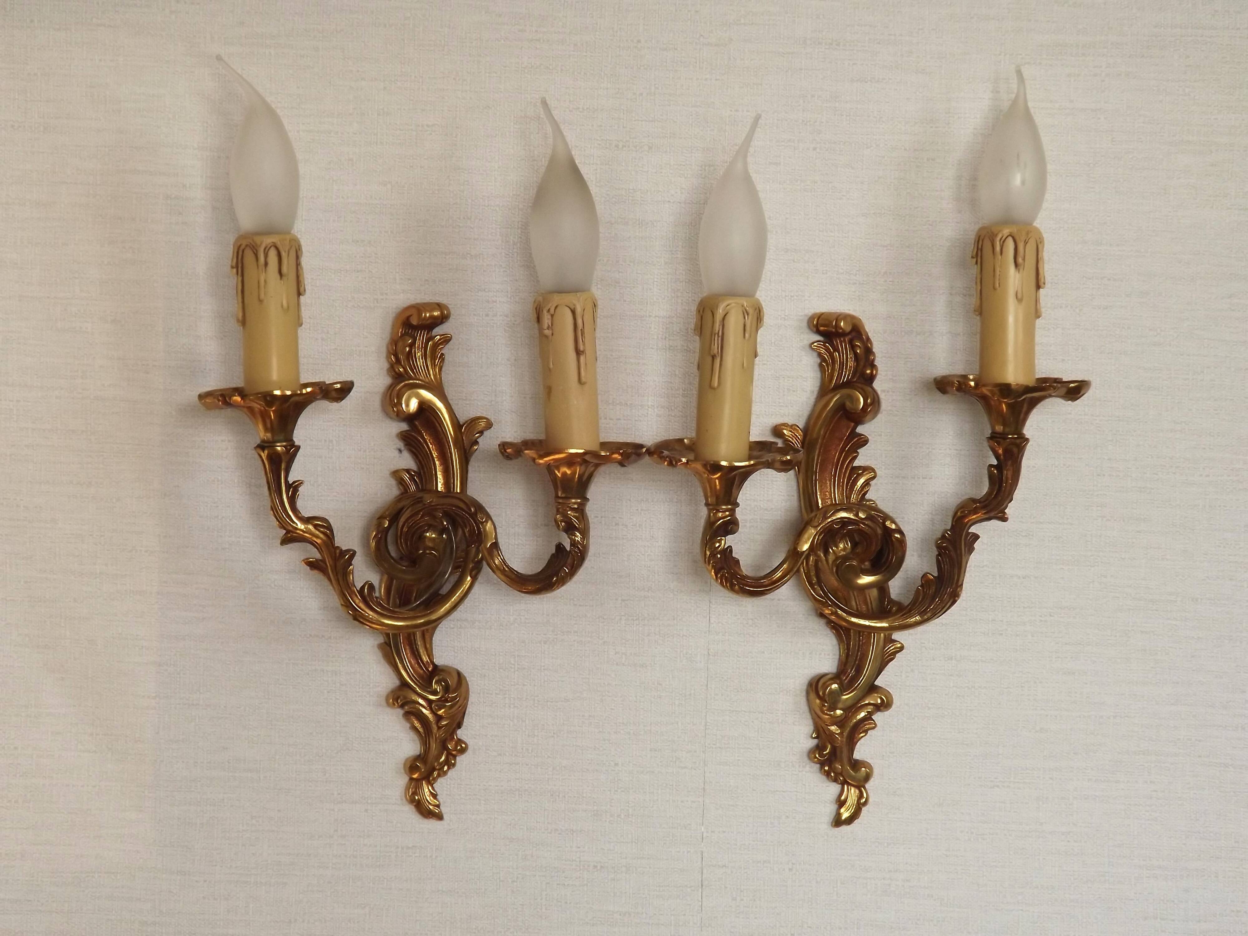 Stylish Vintage French Bronze Double Wall Sconces with Acanthus Leaf Detail