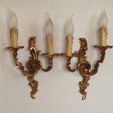 Stylish Vintage French Bronze Double Wall Sconces with Acanthus Leaf Detail