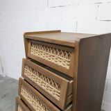 Oak and rattan compass leg chiffonier from the 50s-60s