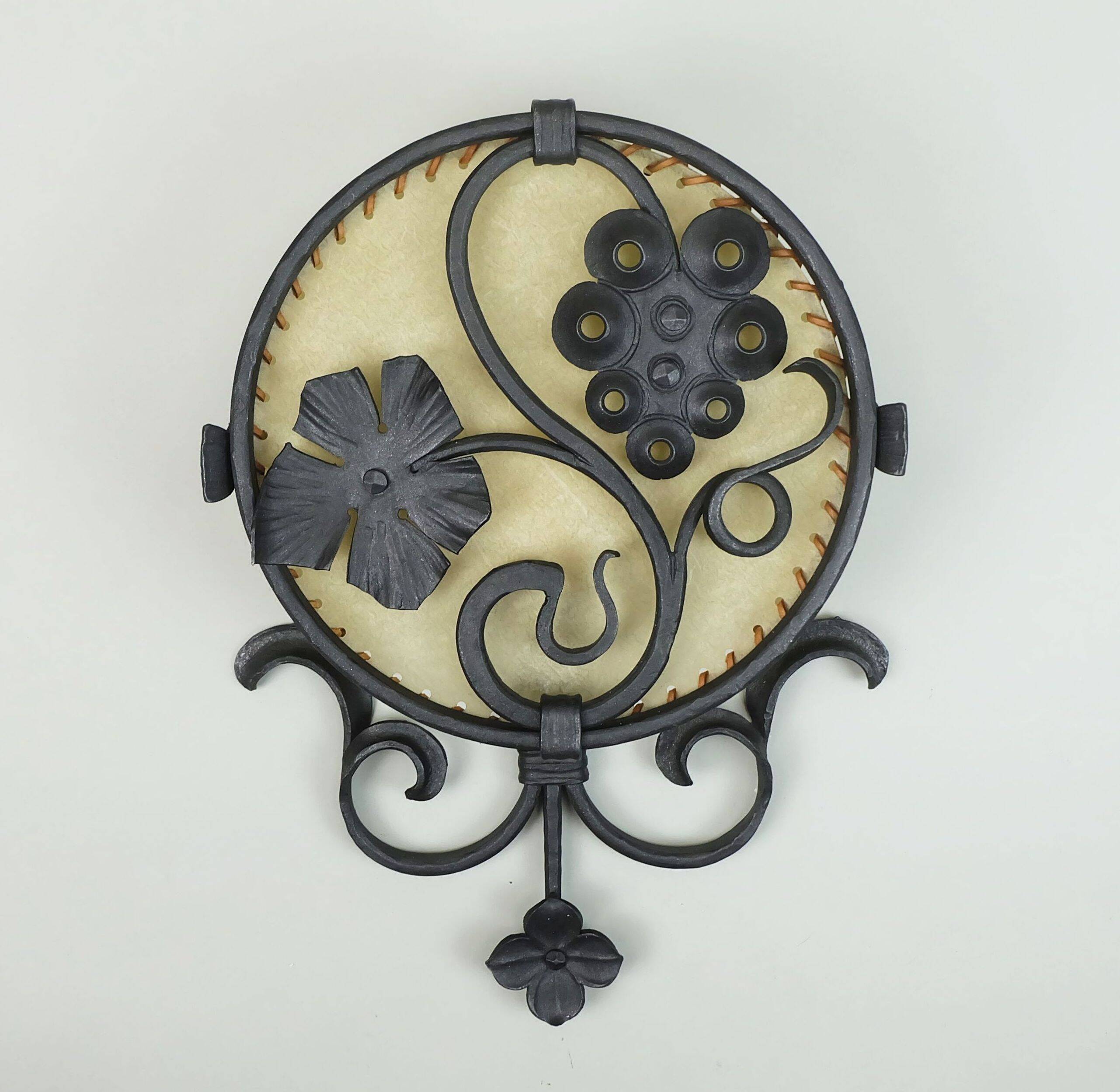 1970s WALL LAMP wrought iron and parchment koch & sons brutalist rustic