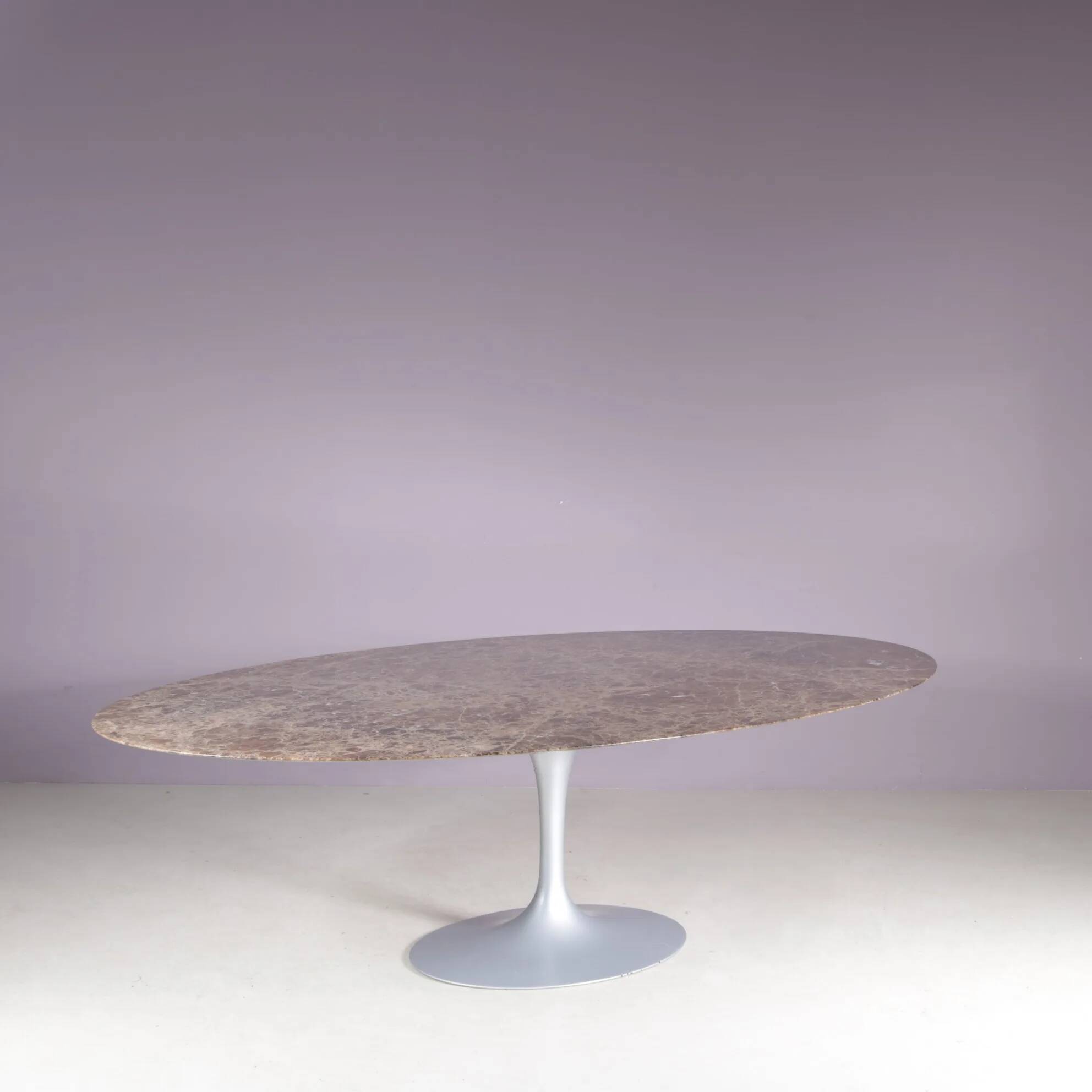 1970s XL oval Tulip table with brown marble top and matte silver oval base / Eero Saarinen / Knoll, USA