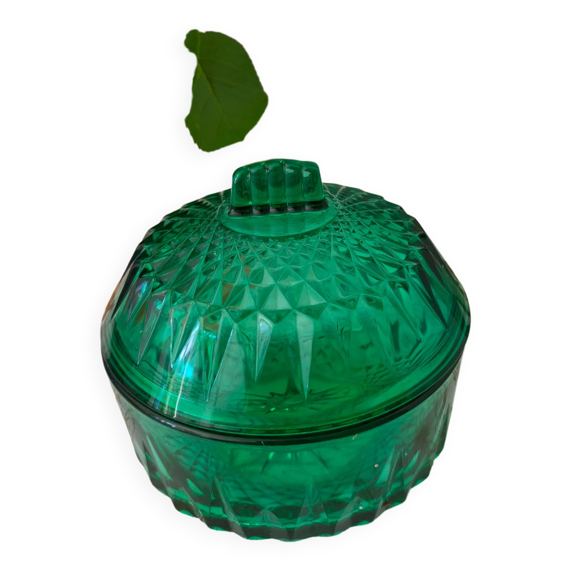 Vintage art deco glass sugar bowl, emerald green color from the 60s