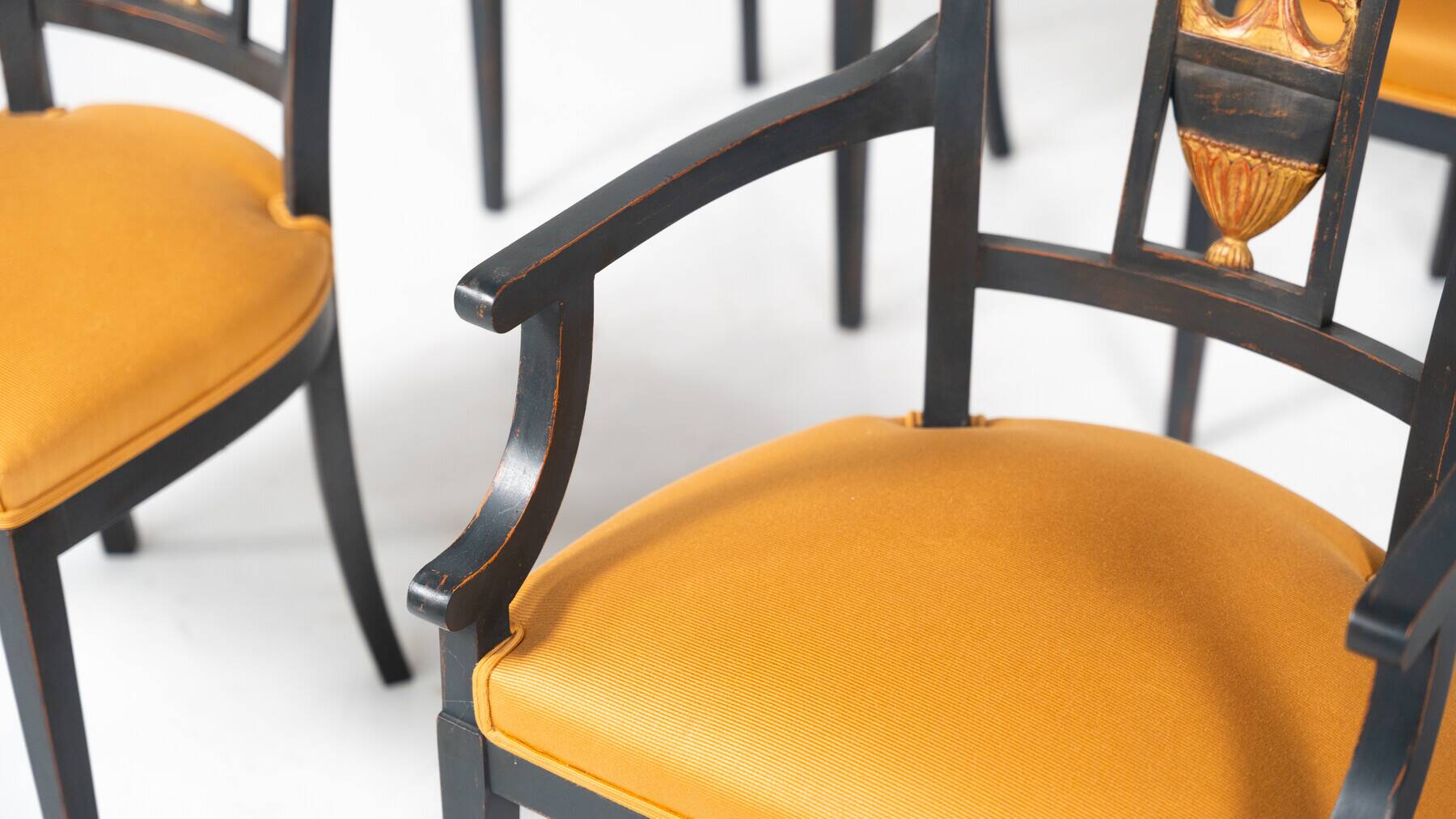 Set of 2 Black and Gold Armchairs and 4 Chairs, Empire style