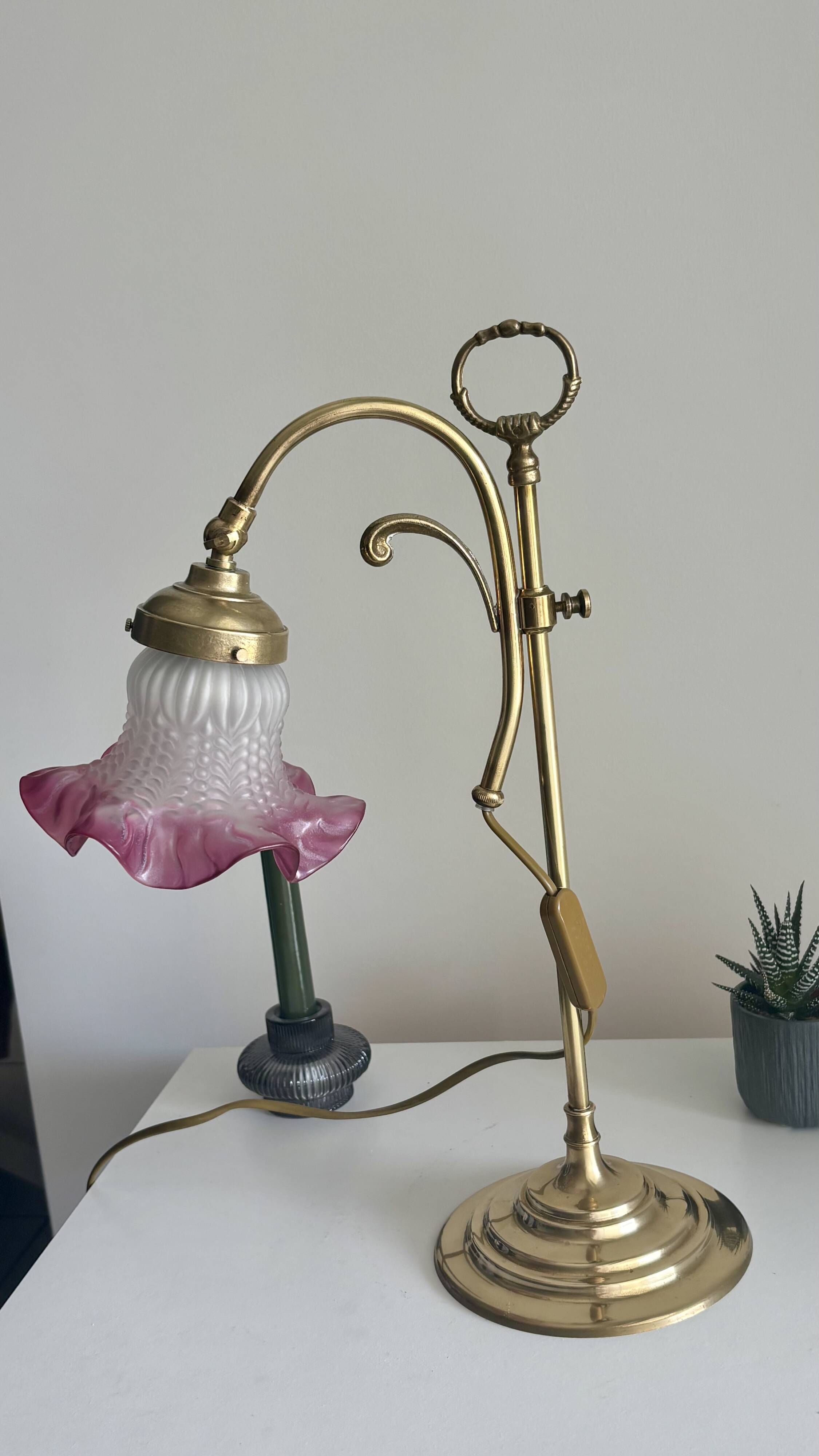 Art Nouveau style lamp in gilded brass and pink opaline tulip