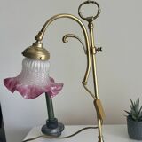 Art Nouveau style lamp in gilded brass and pink opaline tulip
