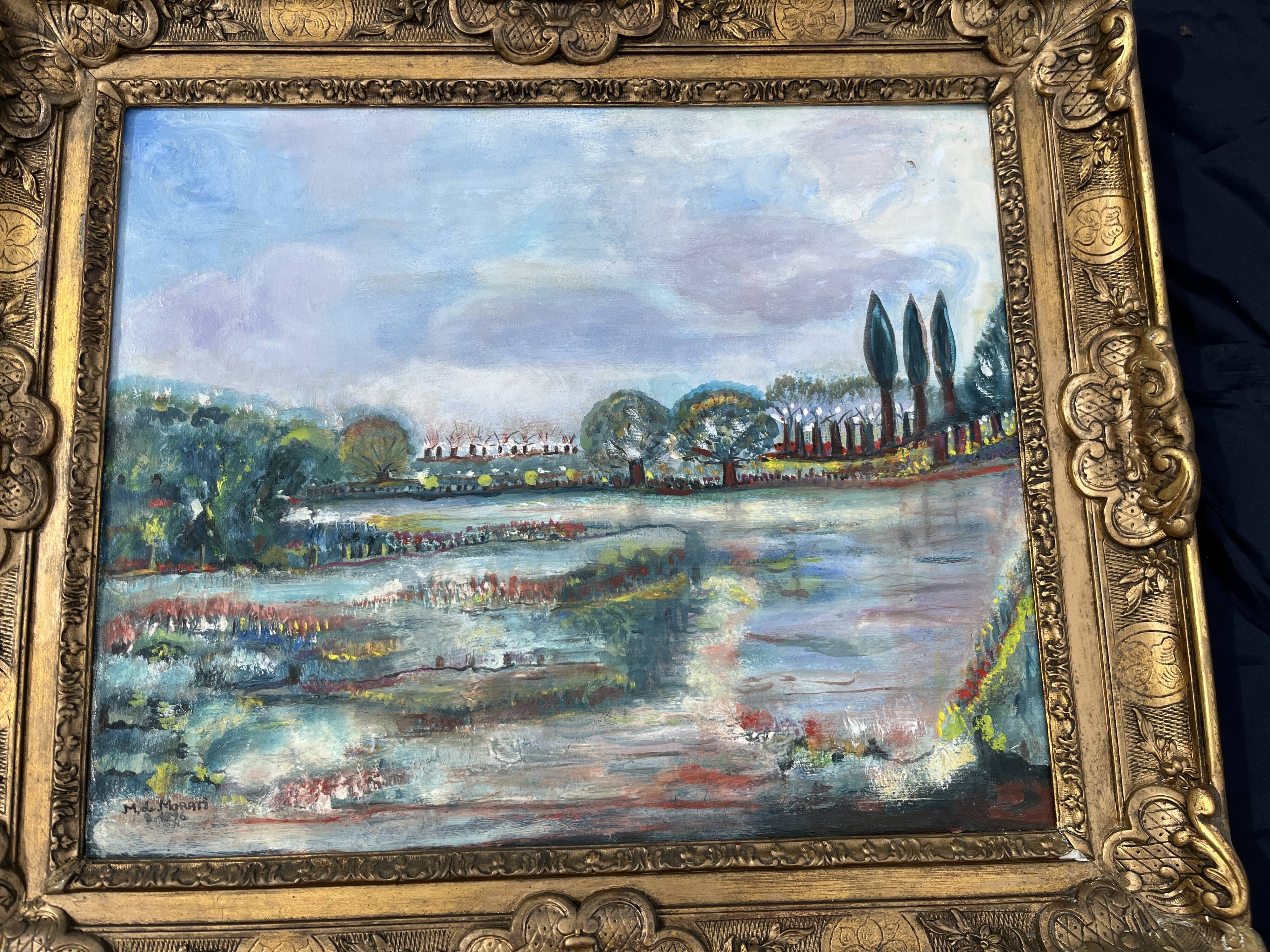 Very beautiful painting Landscape with reflections – M. de Moran 1996 with a 19th century frame