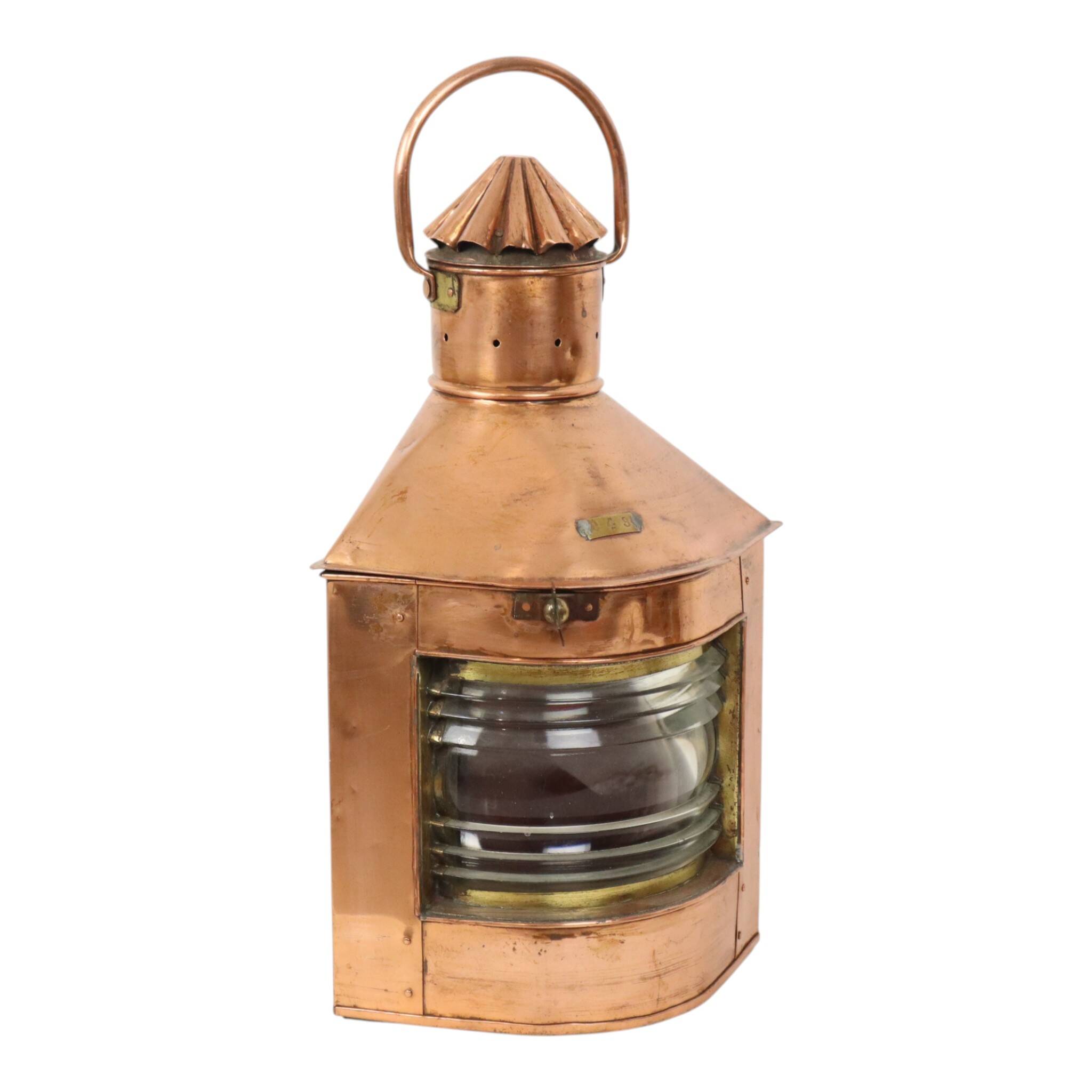 Large Vintage Ship's Lamp Red Copper Fresnel Lens 49cm