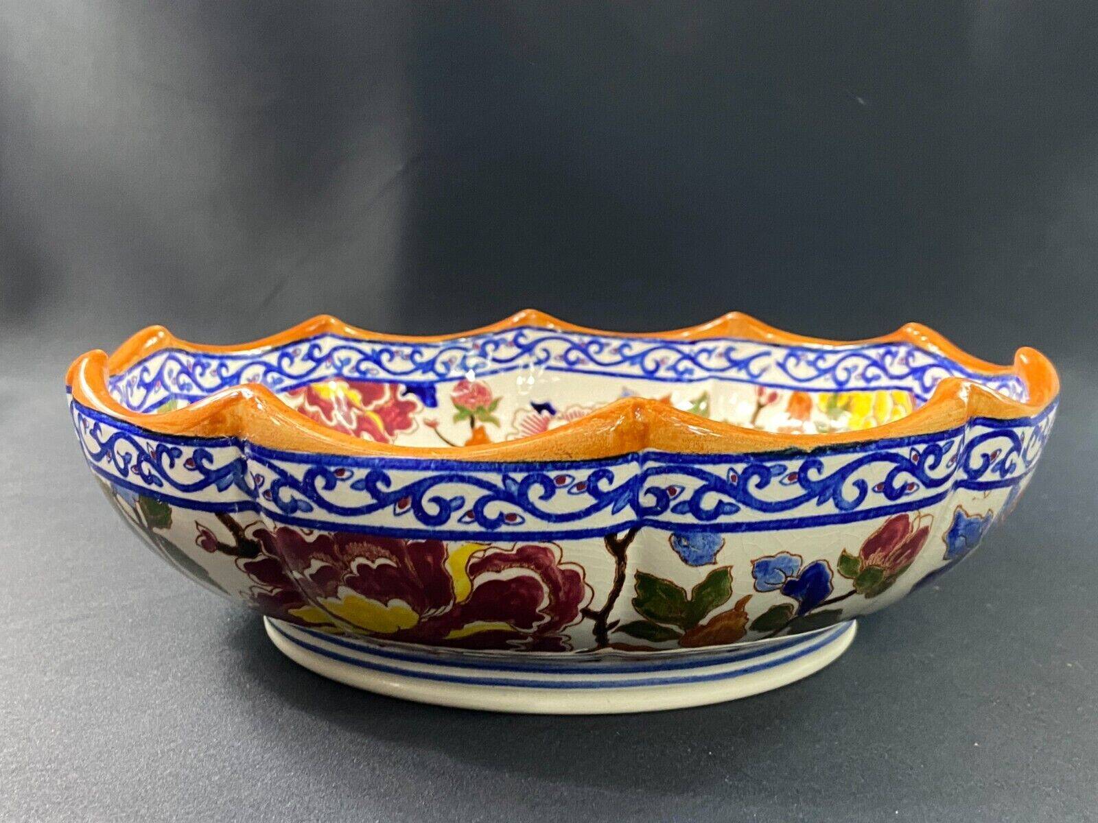 Deep dish, centerpiece, melonnière bowl in Gien earthenware, Peonies decor