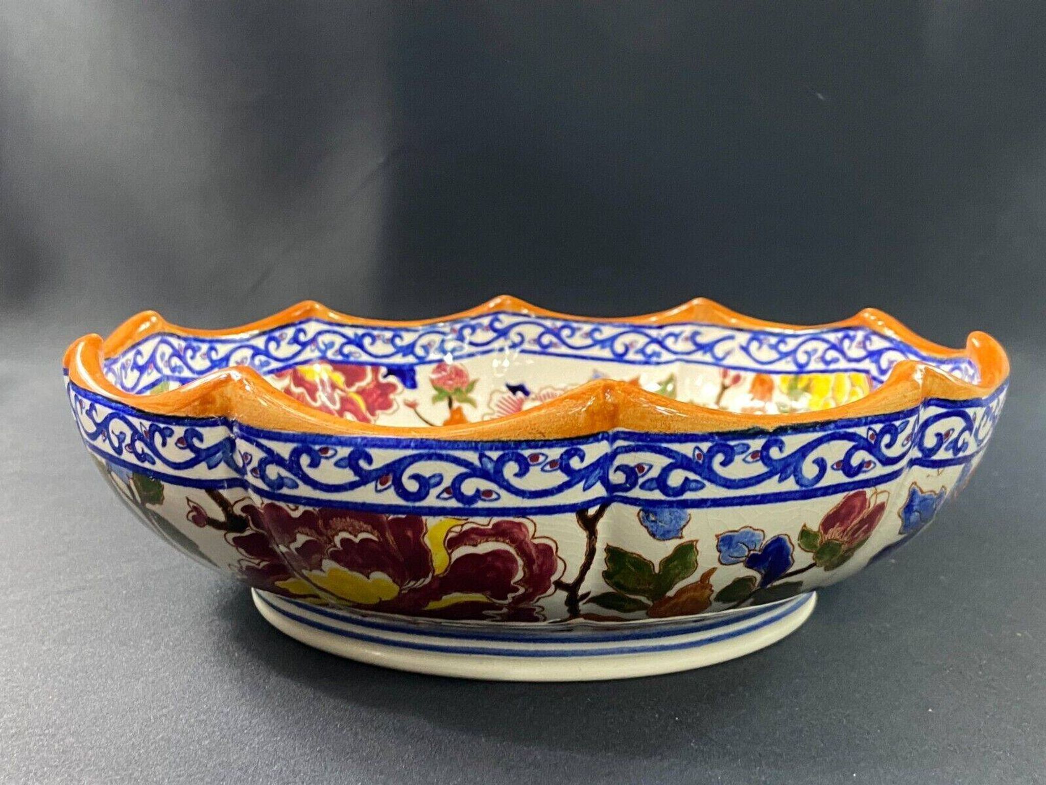 Deep dish, centerpiece, melonnière bowl in Gien earthenware, Peonies decor