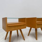 1960s vintage pair of mid-century walnut nightstands with glass shelves