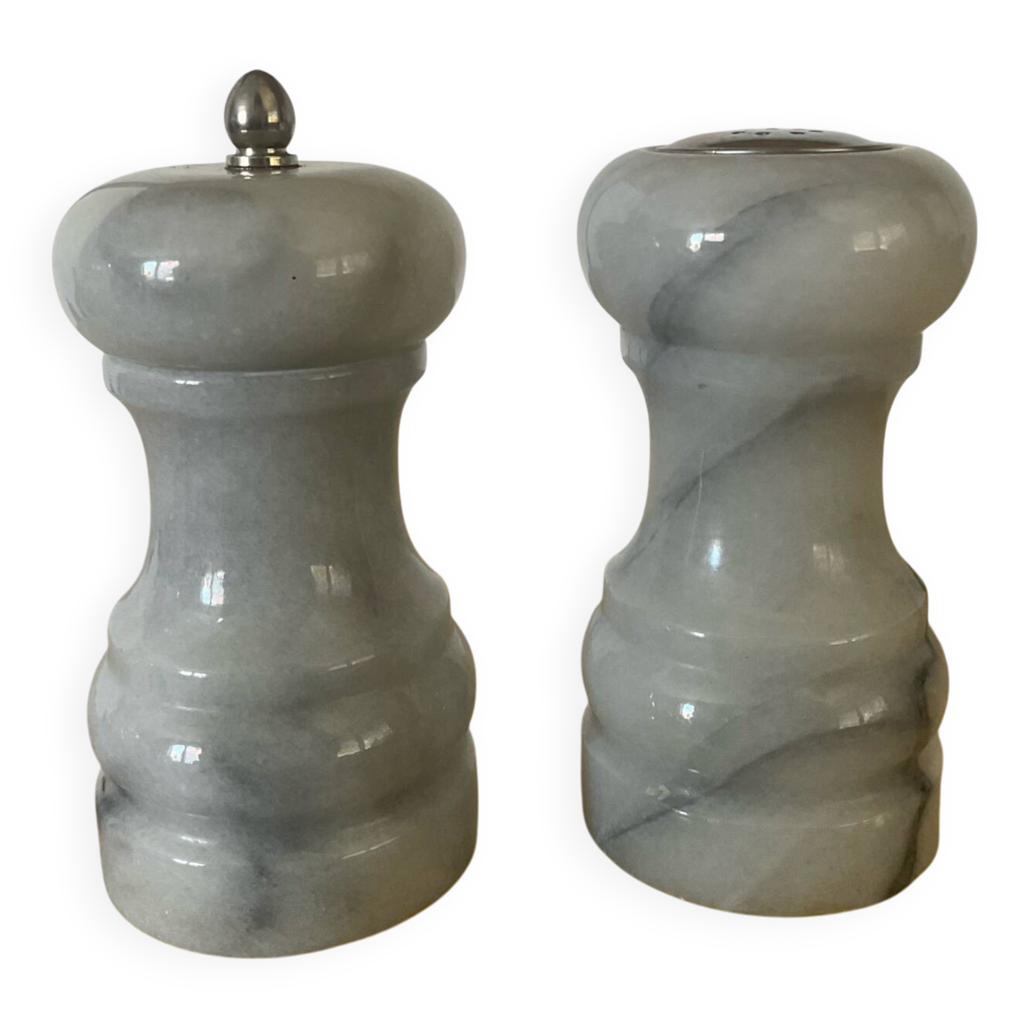 Vintage Carrara marble pepper mill and salt shaker set