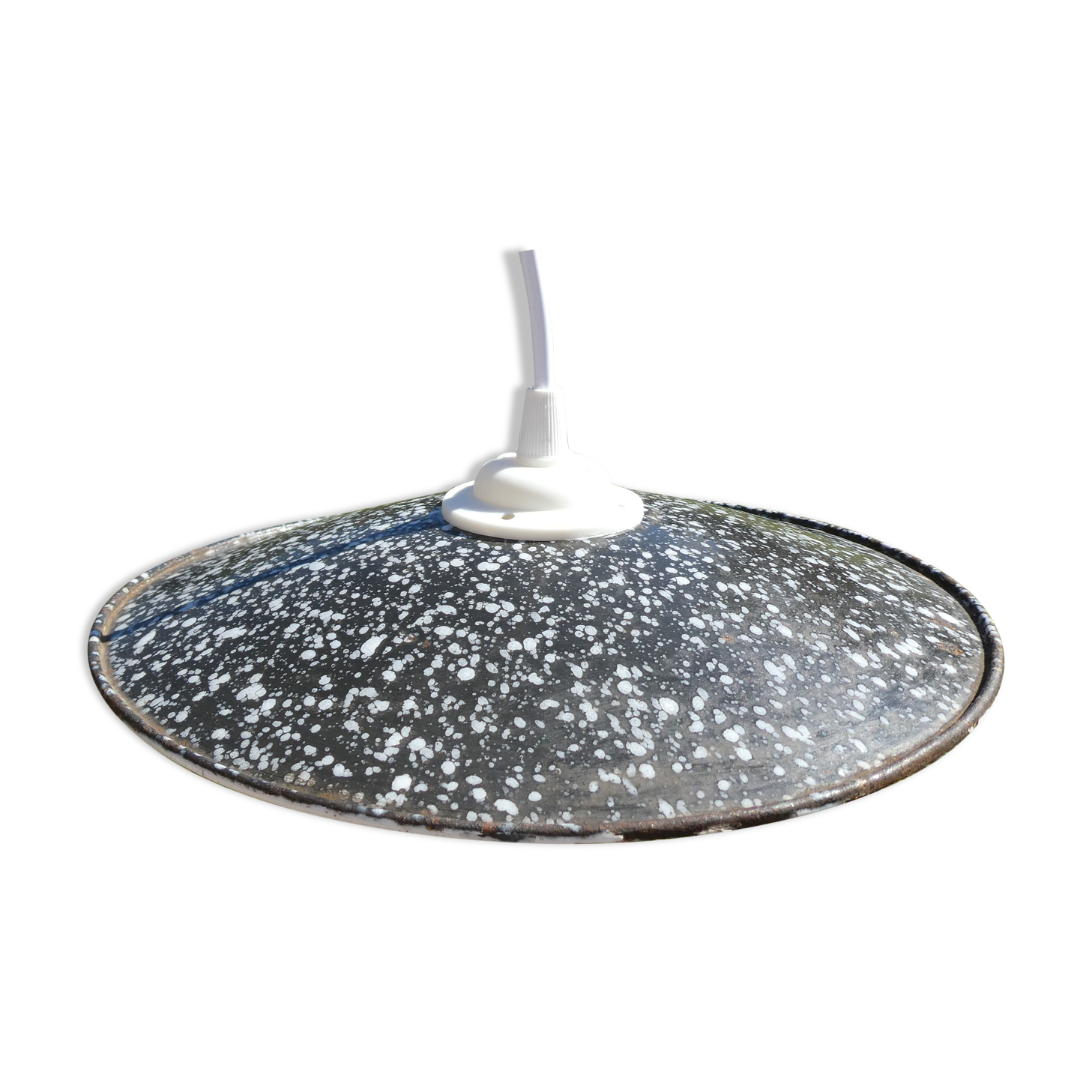 Suspension noire mouchetée blanc en tôle émaillée vintage
