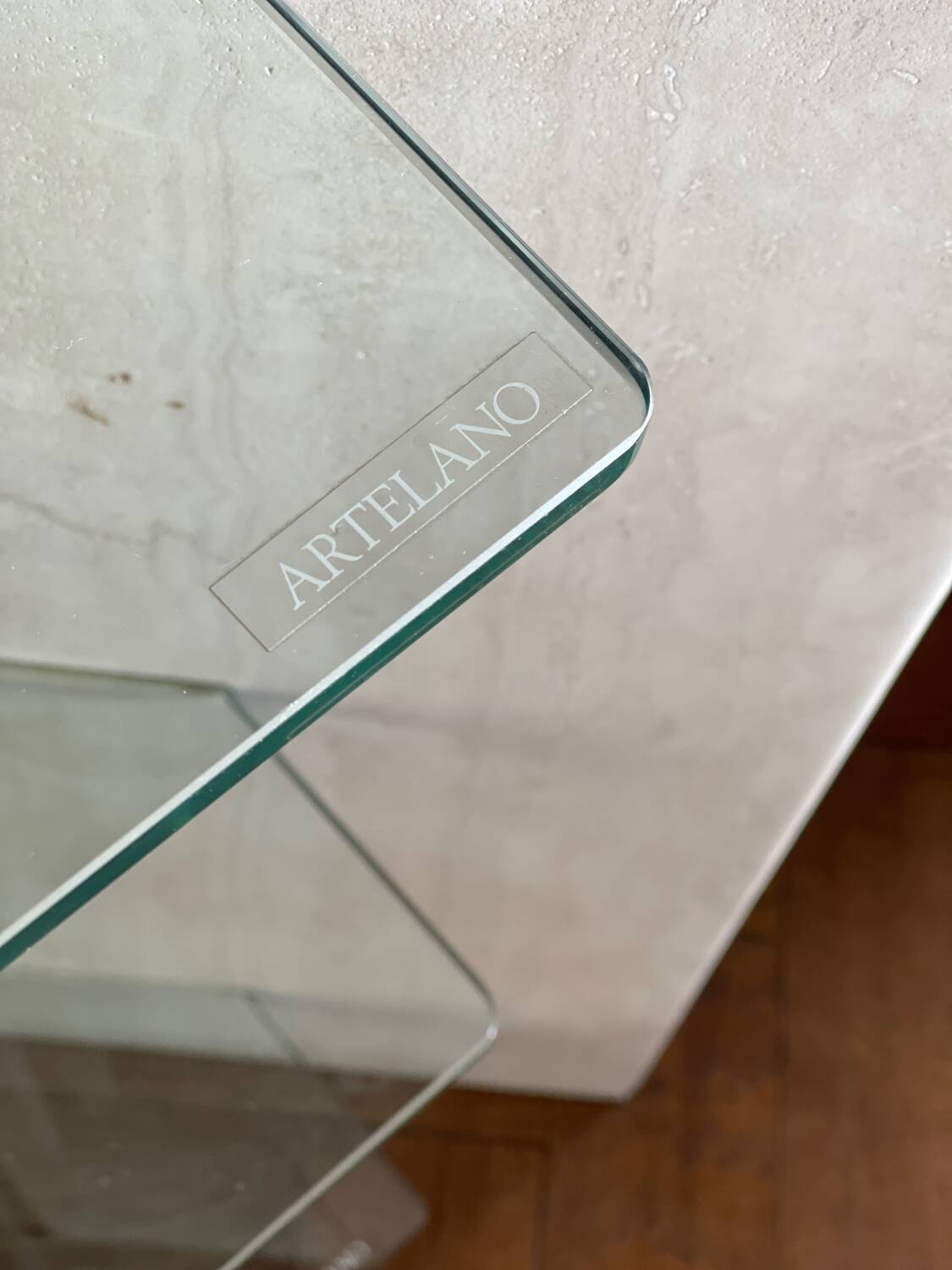 Artelano shelf/console Roche Bobois travertine and glass 1970s