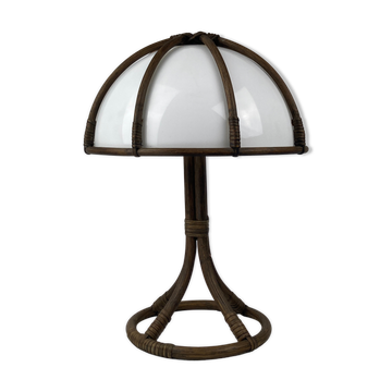 Lampe de table champignon en rotin de bambou hollandais des années 1970