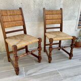 Pair of straw and solid oak chairs