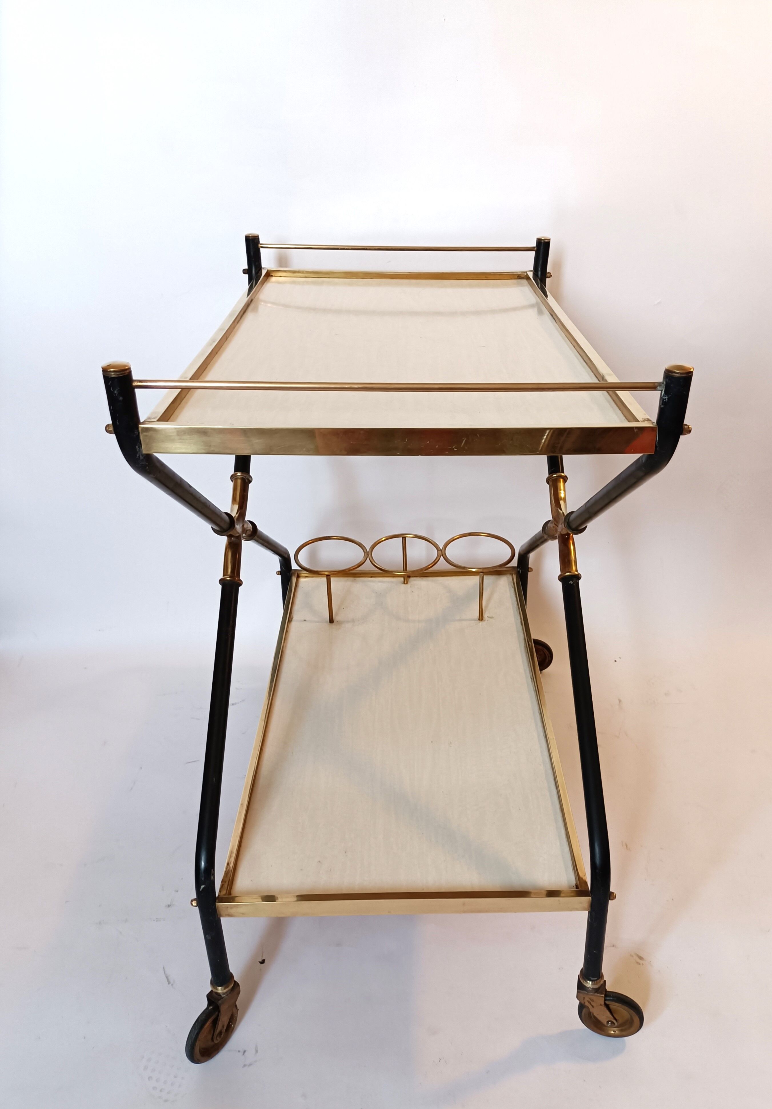 Rolling bar in gilded brass and black metal, Italy circa 1950