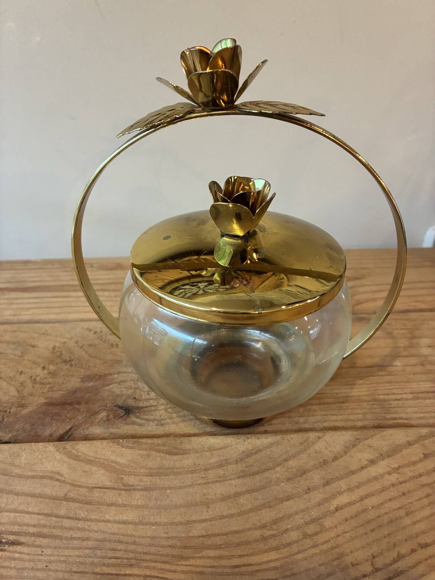 Vintage glass & gilded brass sweet jar / bonbonnière – Rose decor