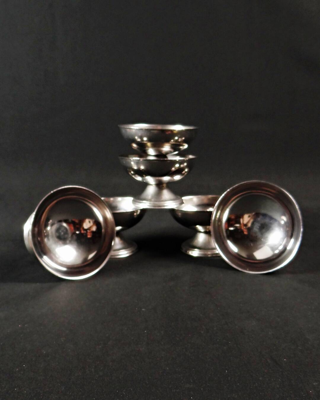 6 stainless steel ice cream cups on a stand, vintage dessert service