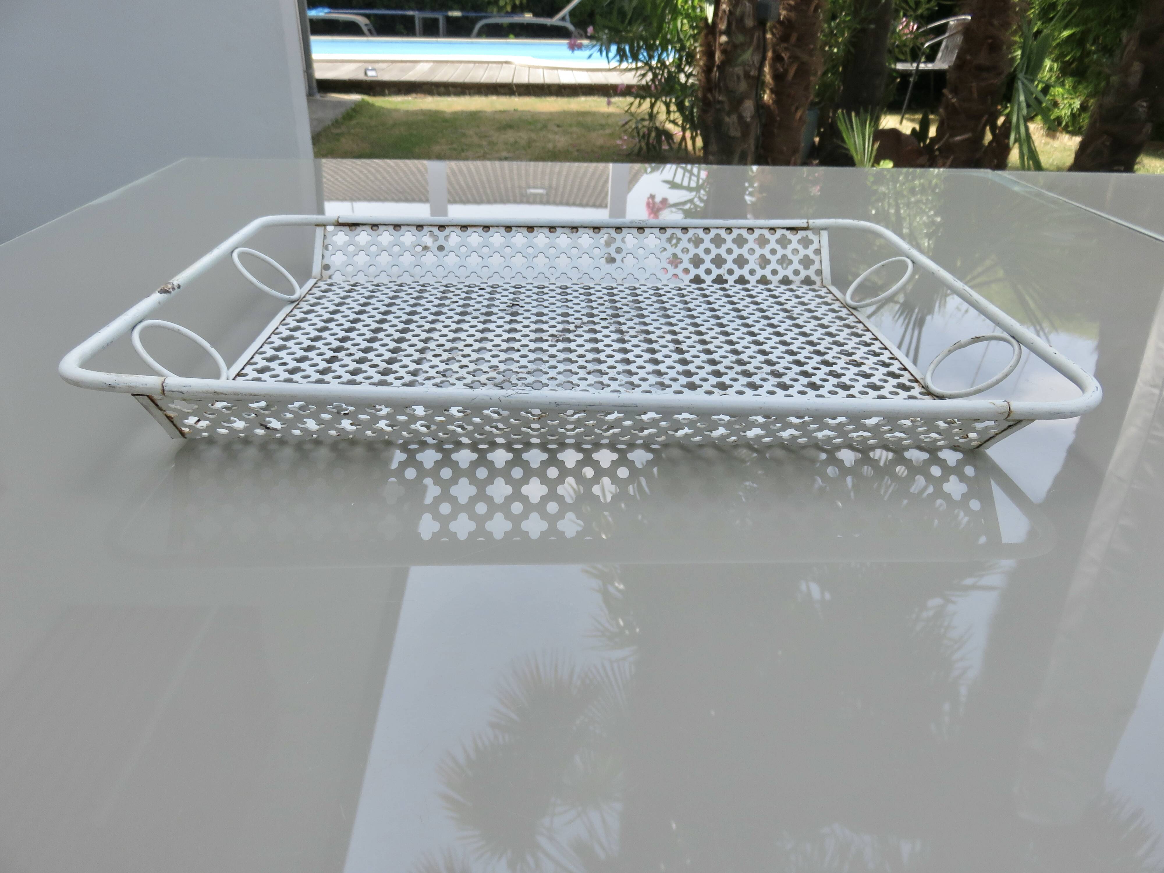 Mathieu Mategot perforated metal plateau, white clover, from the 1950s or 1960s.