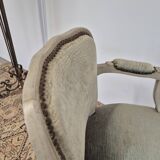 Louis XV style cabriolet armchair in patinated wood and velvet