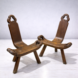 Set of 2 brutalist wooden tripod chairs – Spain 1970s