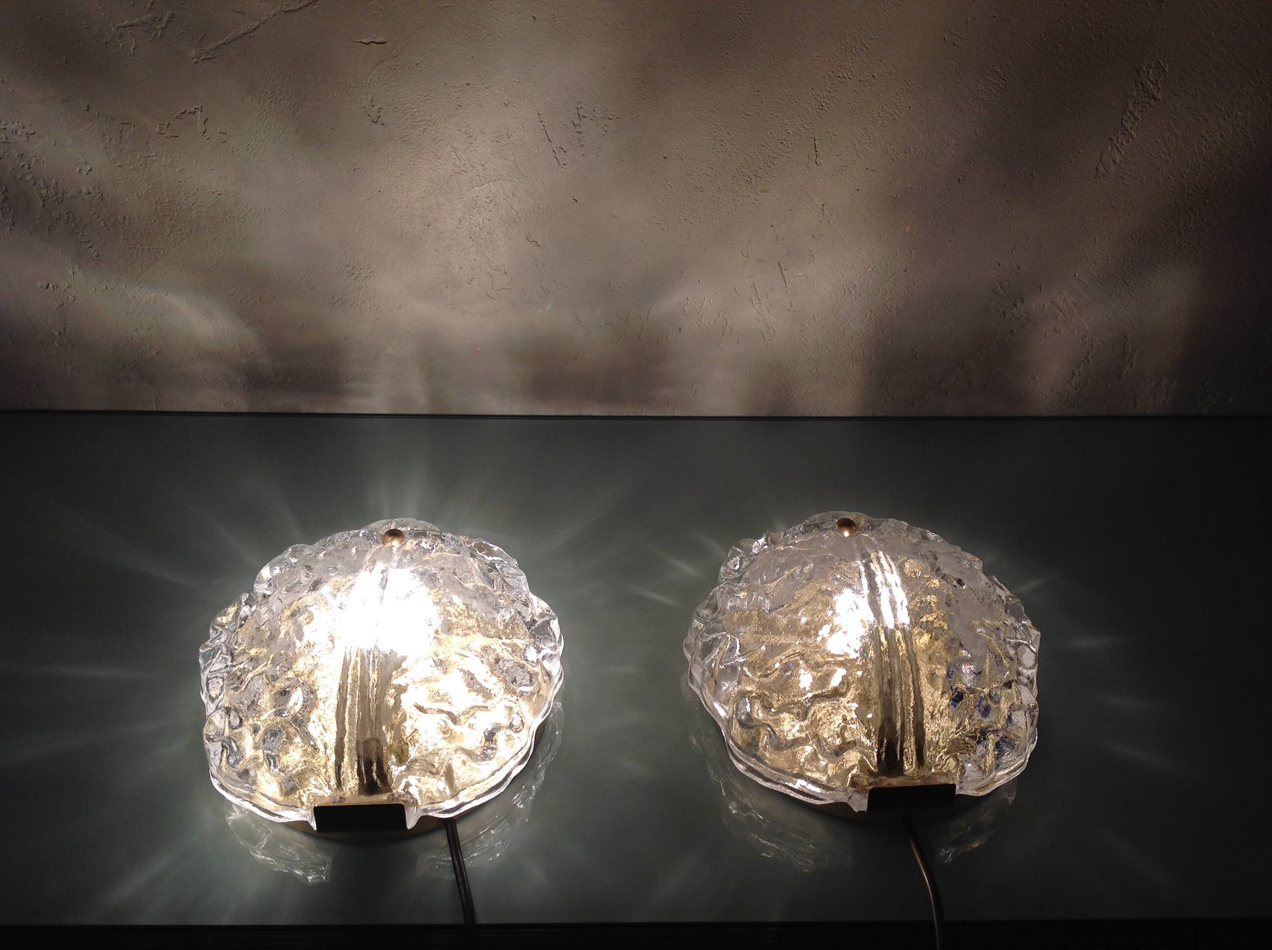Pair of ice glass and brass wall lights by Limburg / vintage 60s-70s