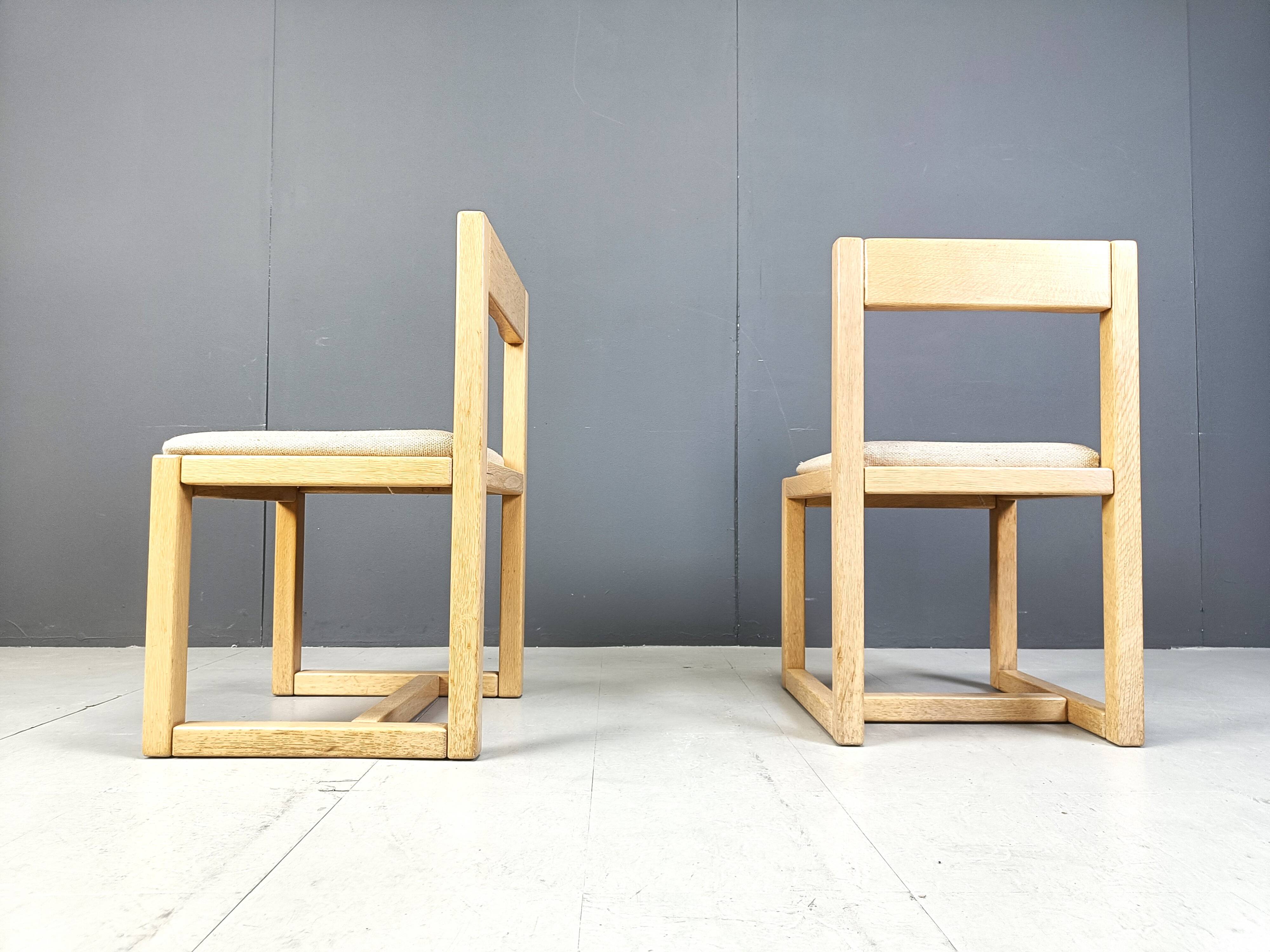 6 Brutalist oak and grey fabric dining chairs, 1970s