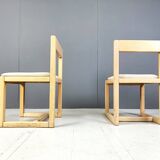 6 Brutalist oak and grey fabric dining chairs, 1970s