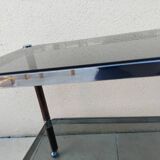 Vintage wooden serving trolley with smoked glass, chrome metal and wood