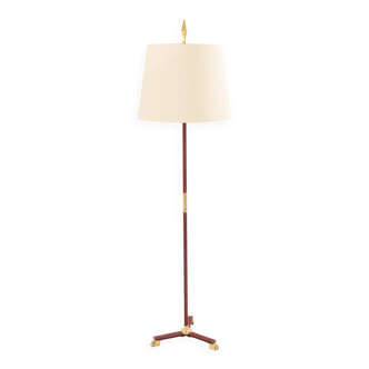 Jacques Adnet red leather studded floor lamp and brass 1950