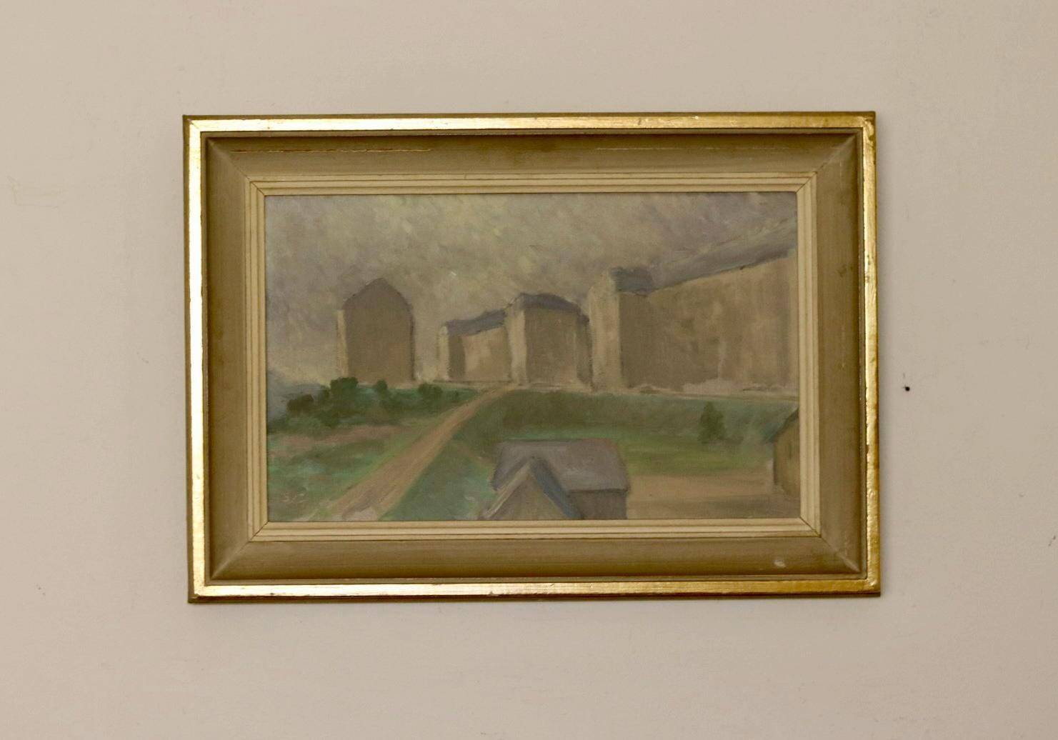 Original Swedish oil painting on canvas "Silent Houses" – vintage and framed
