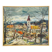 Peinture à l'huile vintage d'un village bavarois, Alexander Michael 1973