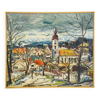 Vintage oil painting of a Bavarian village, Alexander Michael 1973.