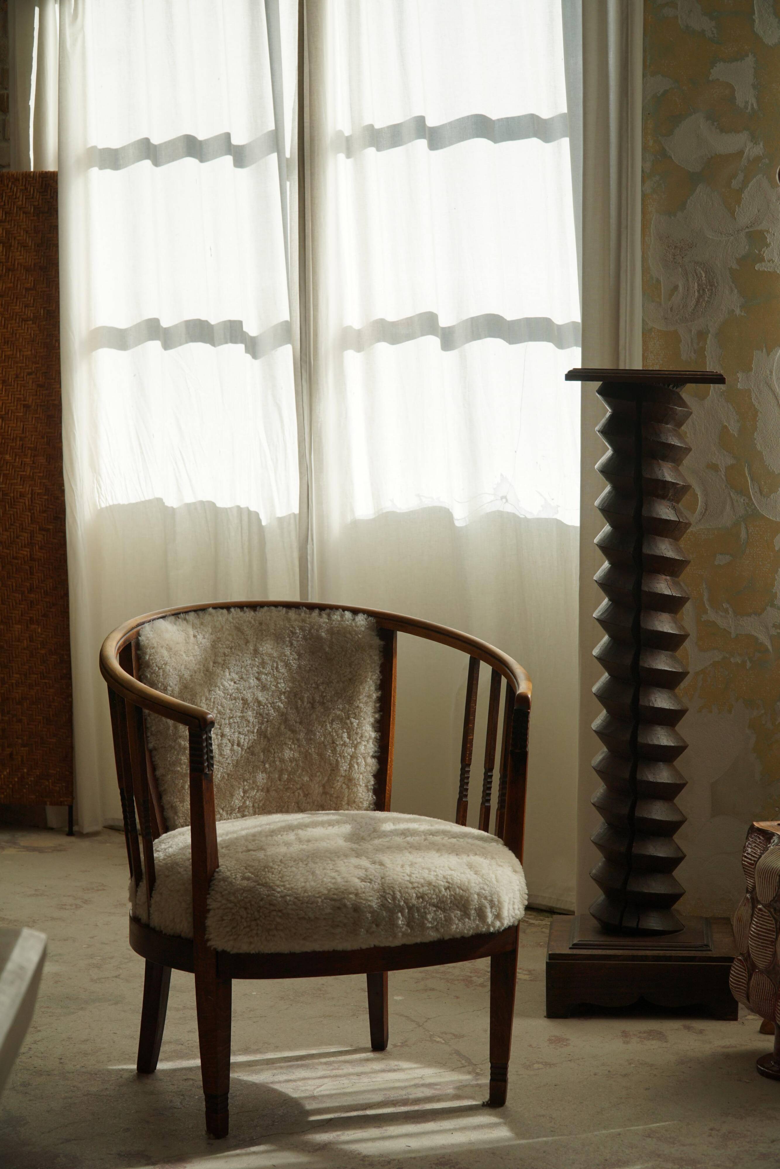 Pair of Danish armchairs in beech, reupholstered in lambswool, Art Nouveau, 1900s.
